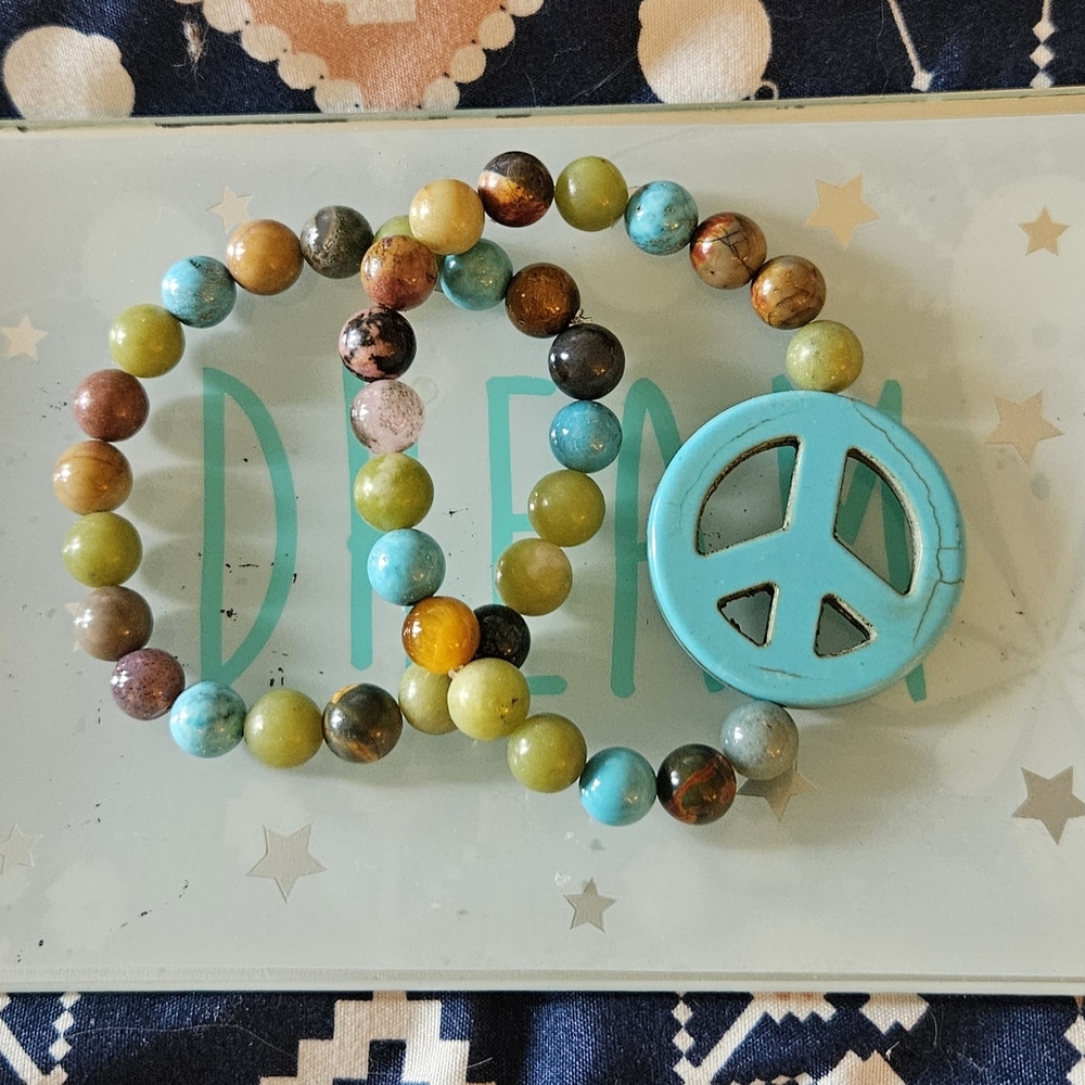 Hand Crafted Colorful Beaded Bracelet Set with Peace Sign